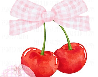 Clipart de cereza coqueta con lazo rosa PNG - Ilustración preppy de descarga instantánea para diseño de la era de las chicas suaves de verano