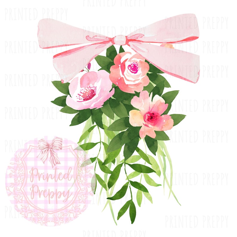 Preppy Pink Floral Swag With Bow PNG Grandmillennial Watercolor Art // Cottagecore Watercolor