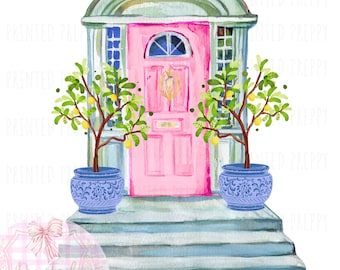 Árvores de limão em estilo Chinoiserie com porta rosa PNG // Decoração azul e branca // Baixar Chinoiserie // Casa Grandmillennial/Preppy