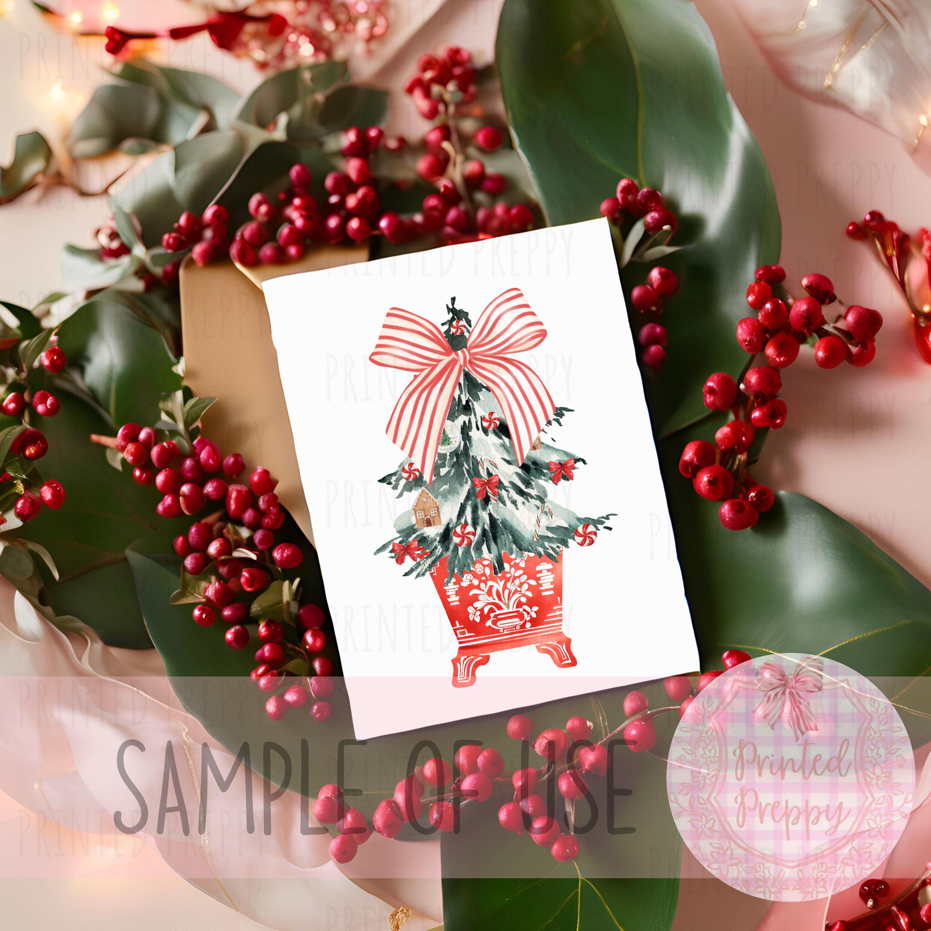 Chinoiserie Christmas Tree With Red Striped Bow PNG // Christmas Tree PNG  // Digital Download Chinoiserie Christmas / Southern Christmas - Etsy Israel, image size:3000x3000