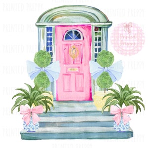 Chinoiserie Topiaries Pink Door PNG  // Blue and White Decor // Download Chinoiserie // Grandmillennial /Preppy House/ Watercolor Topiary