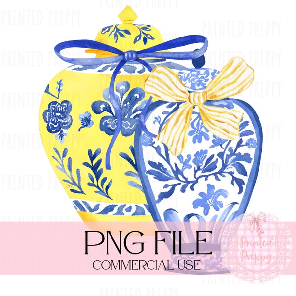 Chinoiserie Yellow and Blue Ginger Jars PNG // Digital Download Chinoiserie // Preppy Ginger Jar Clip Art