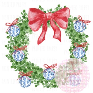 Chinoiserie-kerstkrans met rode strik PNG//Blauw en wit PNG// Digitale download chinoiserie Preppy Christmas/Chinoiserie-ornament
