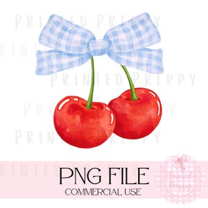 May include: Two red cherries with green stems and blue and white gingham bow on top.