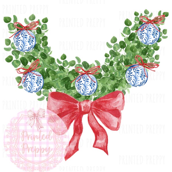 Chinoiserie Christmas Swag with Red Bow PNG // Blue and White PNG // Digital Download Chinoiserie Preppy Christmas