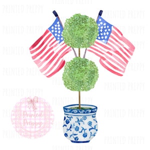 Chinoiserie American Flags Topiary PNG//Chinoiserie Patriotic//Grandmillenial Patriotic Clip Art//Preppy Fourth of July chinoiserie//