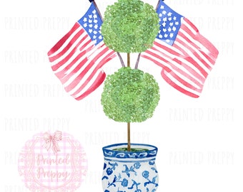 Chinoiserie American Flags Topiary PNG//Chinoiserie Patriotic//Grandmillenial Patriotic Clip Art//Preppy Fourth of July chinoiserie//