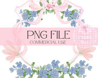 Preppy Pink and Blue Floral Crest PNG // Preppy Grandmillennial Clipart // Preppy Shower Invitation Clip Art // Preppy Print //