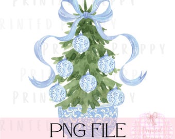 Puede incluir: Ilustración en acuarela de un árbol de Navidad con adornos azules y un lazo a juego. El árbol está en una maceta con estampado azul y blanco. El texto "PNG FILE COMMERCIAL USE" está en la parte inferior.