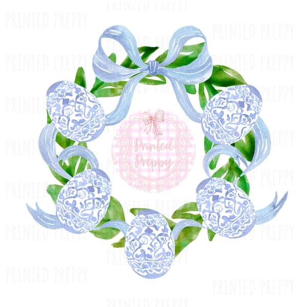 Chinoiserie Preppy Easter Egg Wreath PNG // Preppy Clip Art// Grandmillennial // Preppy Easter // Wreath Digital Download/ Southern Decor