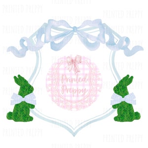 Bunny Crest PNG // Blauw en wit decor // Grandmillennial /Preppy Easter / Monogram Easter Crest / Blue Bow Easter Crest /
