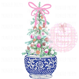 Chinoiserie-kerstboom met roze strik, png-bestand // Blauwe en witte kerst-png // digitale download chinoiserie-kerst
