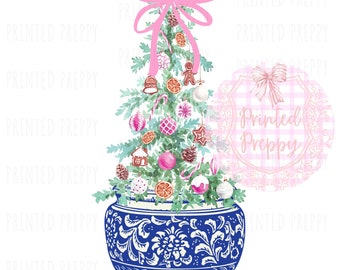 Chinoiserie Christmas Tree with Pink Bow PNG // Blue and White Christmas PNG // Digital Download Chinoiserie Christmas