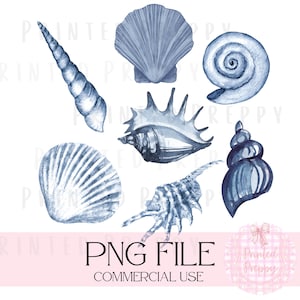 Conchas azules PNG - Descarga digital costera grandmillenial // Estética de pescador preppy / PNG de verano / Gráfico de viaje a la playa // Abuela costera