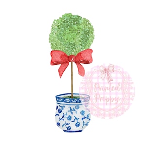Digital Chinoiserie Topiary Clip Art with Red Bow, Blue and White Design // Blue and White PNG // Digital Chinoiserie / chinoiserie clip art