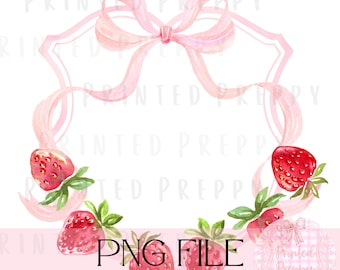 Pink Preppy Strawberry Crest Watercolor PNG /Summer PNG / Grandmillennial Clipart / Preppy Strawberry Birthday Clip Art