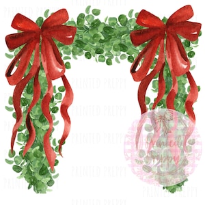 Grandmillennial Greenery Garland Swag with Simple Red Bows PNG // Christmas PNG // Digital Download Christmas