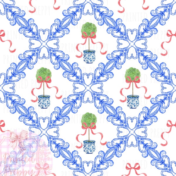 Topiary Red Bow Chinoiserie Seamless Pattern Blue Trellis PNG // Blue and White Christmas PNG // Digital Download Chinoiserie Christmas