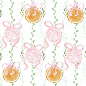 Chinoiserie kerstroze ornamenten naadloos patroon png // roze kerst, png // kerstcitrusvruchten // gedroogde sinaasappelen