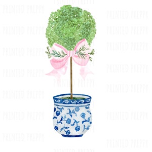 Chinoiserie Aquarell Topiary mit rosa Schleife PNG // Pink und Weiss PNG // Digital Download / Chinoiserie Chic / Grandmillenial