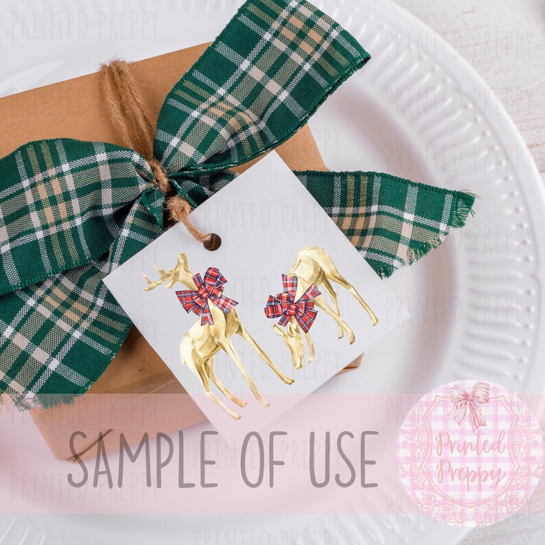 Puede incluir: Una caja de regalo marr&oacute;n atada con una cinta a cuadros verde y beige. Se adjunta una etiqueta con ilustraciones de ciervos dorados con lazos a cuadros rojos. La etiqueta dice "SAMPLE OF USE". Un logotipo rosa y blanco est&aacute; en la esquina inferior derecha.