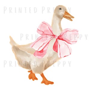 May include: Watercolor illustration of a goose with a large pink bow. The goose is depicted in shades of white, tan, and brown, with orange feet and beak. The bow is a vibrant pink with red accents. The text "PRINTED PREPPY" is in the background.