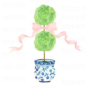 Chinoiserie aquarel dubbel vormsnoeisel met roze strik PNG // chinoiserie png // Digitale download / Roze strik vormsnoei / Chinoiserie vormsnoei /