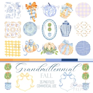 May include: A collection of watercolor illustrations featuring blue and white ginger jars, pumpkins with ribbons, patterned plates, plaid squares, and topiary trees. The text reads Grandmillennial FALL 35 PNG FILES COMMERCIAL USE.