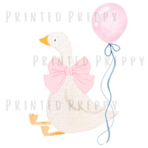 May include: A white goose with a pink bow and a pink balloon tied to its wing. The balloon has a blue string.