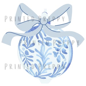 Chinoiserie-ornament met strik, png-bestand // blauwe strik kerst-png // digitale download chinoiserie-kerst // grandmillennial