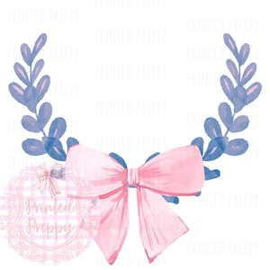 Grandmillennial Blue Floral Crest PNG mit Single Pink Bow // Vintage Pink Bow Floral Clipart für Hochzeiten & Einladungen