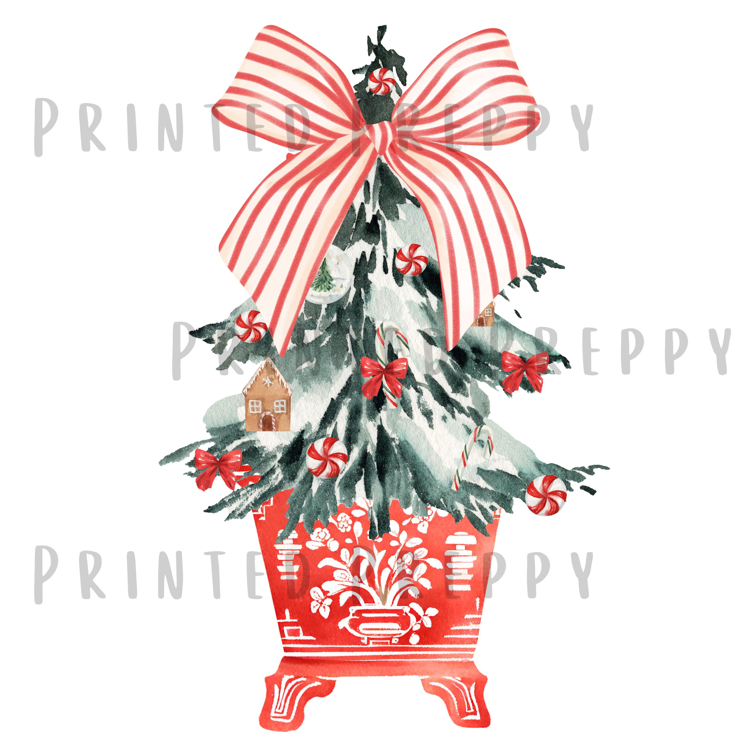 Chinoiserie Christmas Tree With Red Striped Bow PNG // Christmas Tree PNG  // Digital Download Chinoiserie Christmas / Southern Christmas - Etsy Israel, image size:3000x3000
