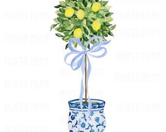 Chinoiserie Lemon Topiary with Blue Bow PNG  // Blue and White PNG // Digital Download Chinoiserie // Grandmillennial