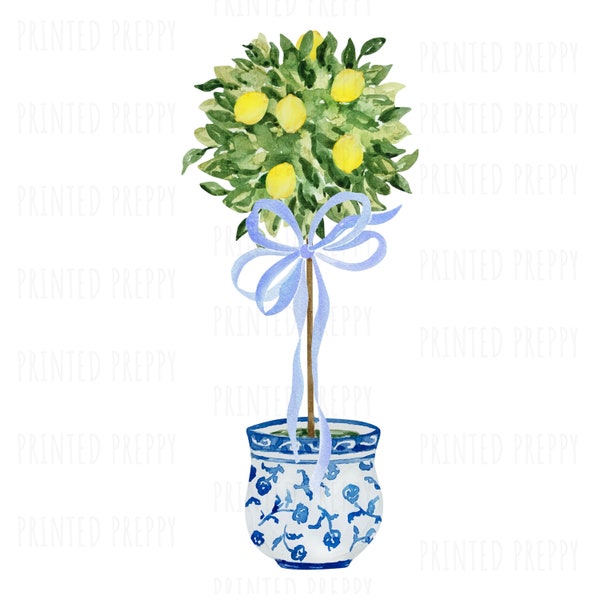 Chinoiserie Lemon Topiary with Blue Bow PNG  // Blue and White PNG // Digital Download Chinoiserie // Grandmillennial