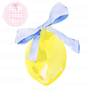 May include: A yellow lemon with a blue ribbon tied around it. The lemon is painted in a watercolor style.