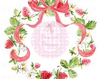 Preppy Strawberry Wreath PNG // Preppy Grandmillennial Clipart /Summer PNG/ Strawberry Birthday Clip Art // Watercolor Strawberry Wreath