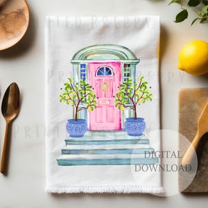 Chinoiserie Lemon Trees with Pink Door PNG // Niebiesko-biały wystrój // Pobierz Chinoiserie // Grandmillennial /Preppy House