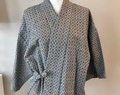 Vintage Kimono Robe Jacket Woven Wool Silk Robe Made in Japan White Blue One Size Woman Ethnic Wear