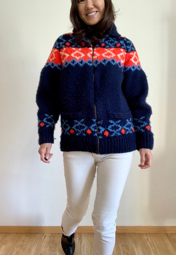 Vintage Hand-knit Cowichan Zipper Sweater Jacket/… - image 5