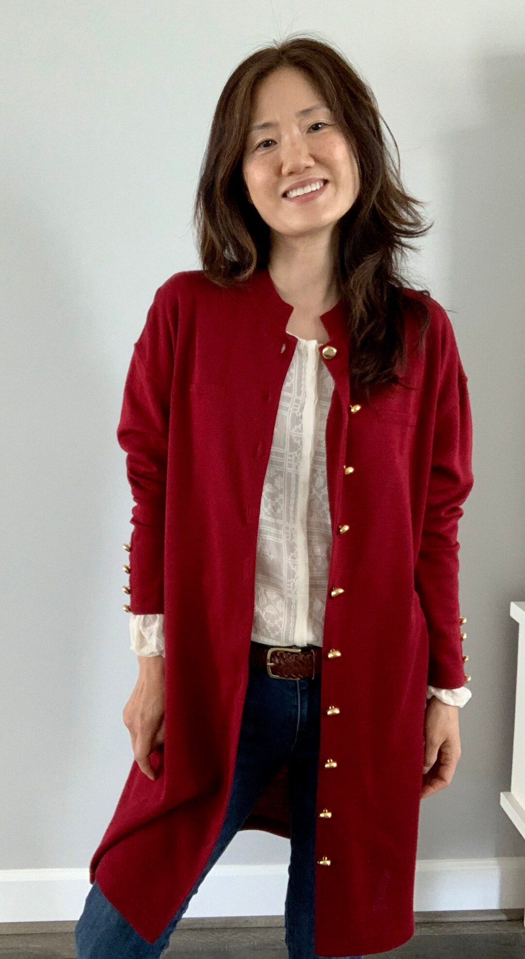 Vintage Knit Dress Jacket Coat/ Duster Sweater/burgundy Red Gold Buttons/size M Etsy