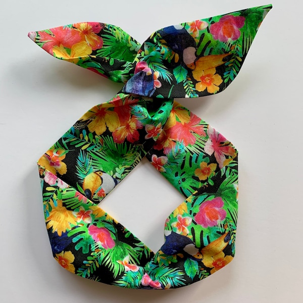 Twist Bow Wired Head Scarf/Toucan Bird Tropical Floral Bow Headband/Black Green Pink Yellow