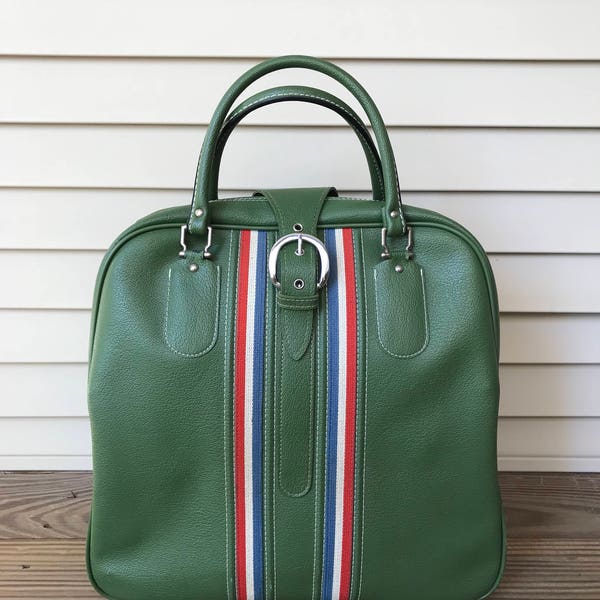 1970s Vintage Travel Bag/ Green Faux Leather Weekender Bag/ Hipster Travel/ Made in Japan