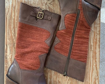 Vintage Long Buckle Boots/ Handmade in Peru/Leather Boots/ Brown Brick Red Boots/ Woman size 9
