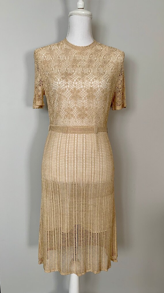 Vintage 1930s Cream Handknitted Dress/ Silk Croche