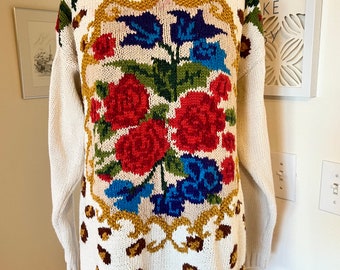 Vintage 80s Hand Knitted Sweater/Chunky Dobble Flower Knit Sweater/Green Blue Gold Red /Size M