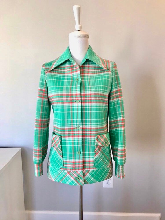 1960s Geek Chic Big Checker Plaid Shirt Jacket/ N
