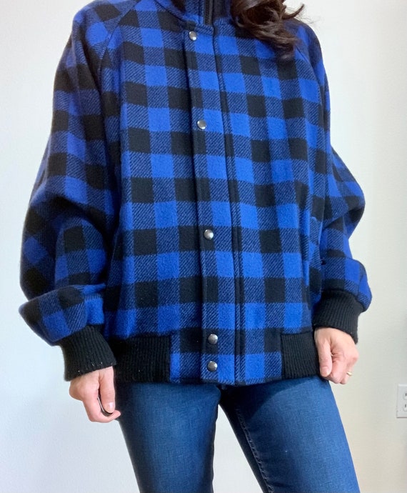 Vintage 90s Deep Blue Black Checker Wool Bomber J… - image 1