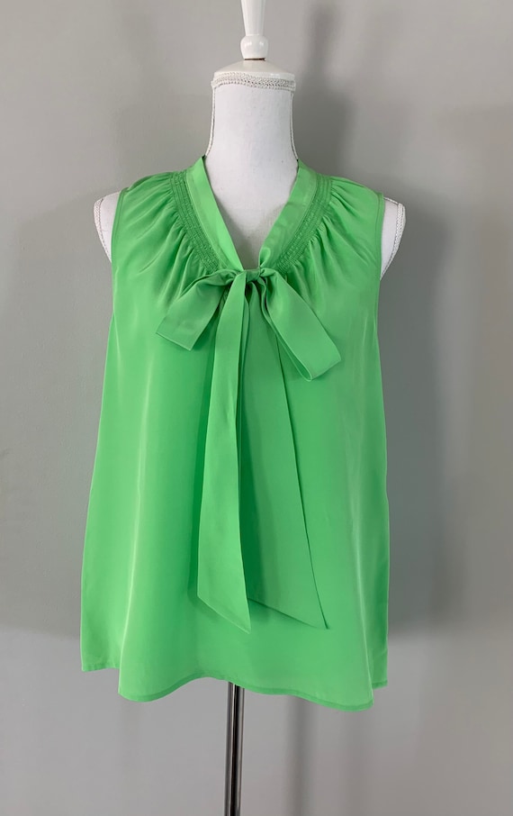 Vintage Lilly Pulitzer Lime Green Pure Silk Ribbon Tie Blouse Shirt/ 90s Silk Top/ Cool Comfort/Sleeveless/Size Small