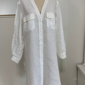 Puro Lino White 100% Linen Button Down Dress As New Made Italy Pockets 10-12
