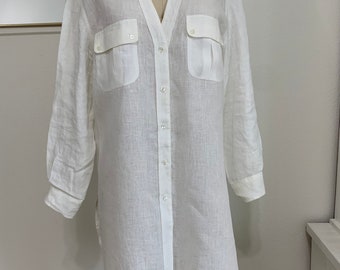 Vintage Max Mara Linen Tunic Shirt/Puro Lino/White/Women size 14/Made in Italy